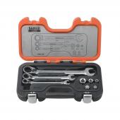 Knarren-Ring-Maulschlüssel-Satz, Maul 15° abgewinkelt, 8-tlg, mit Adaptern